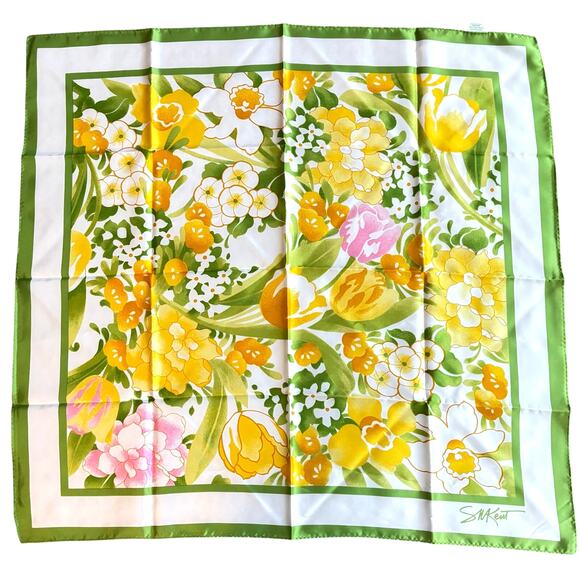 SM Kent for Avon scarf silky 27" square green yellow white springtime summer - Picture 1 of 7